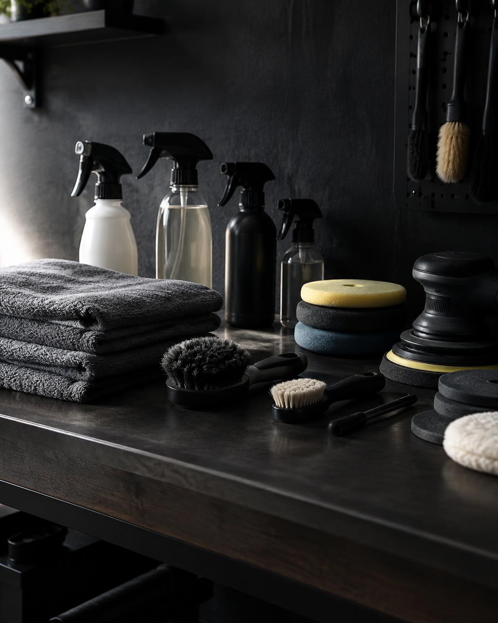 Microfibre towels, brushes and polishing pads on a workbench