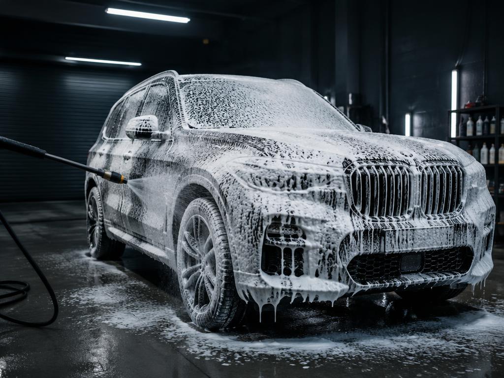 Dark SUV covered in foam during a pre-wash