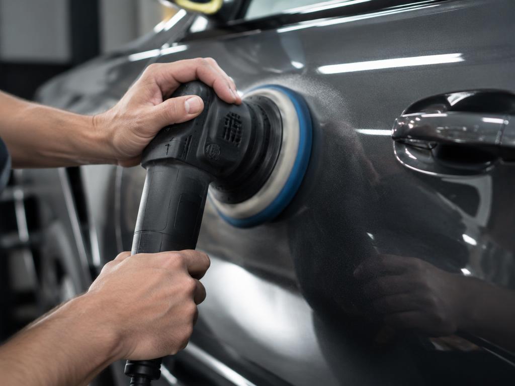 Machine polisher being used on a dark grey car door