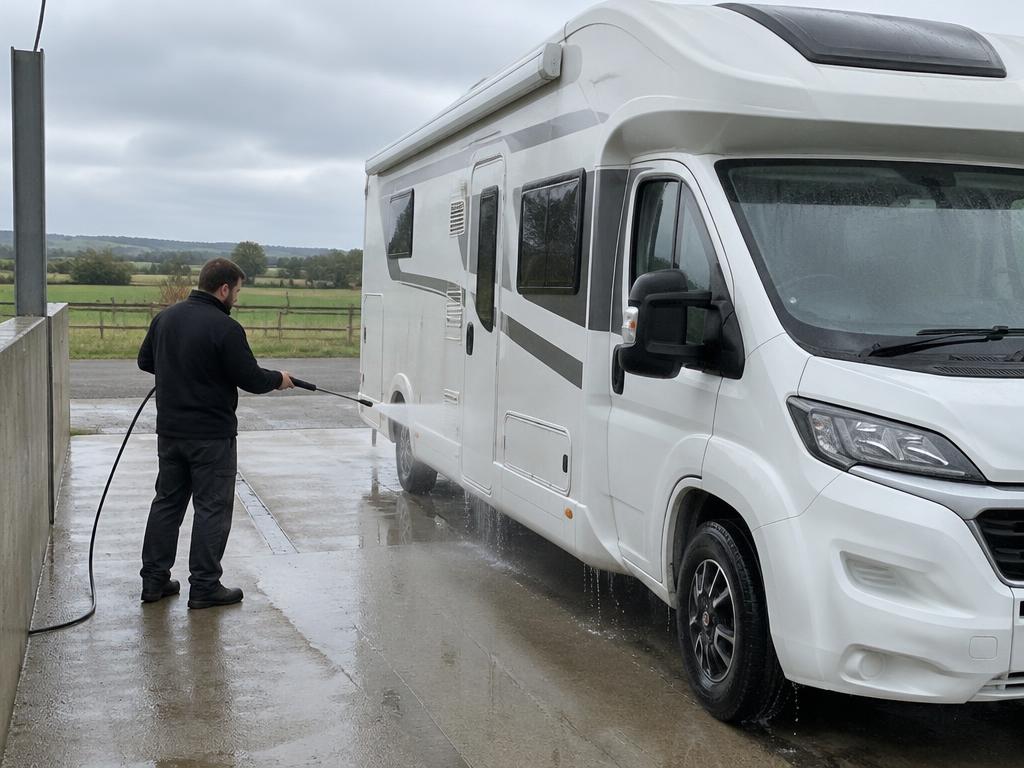Motorhome being rinsed with a pressure washer